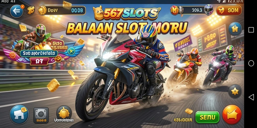 Screenshot gameplay 567SLOTS yang menampilkan balapan motor yang intens.