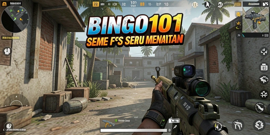 Screenshot utama BINGO101 menampilkan aksi pertempuran FPS yang mendebarkan.