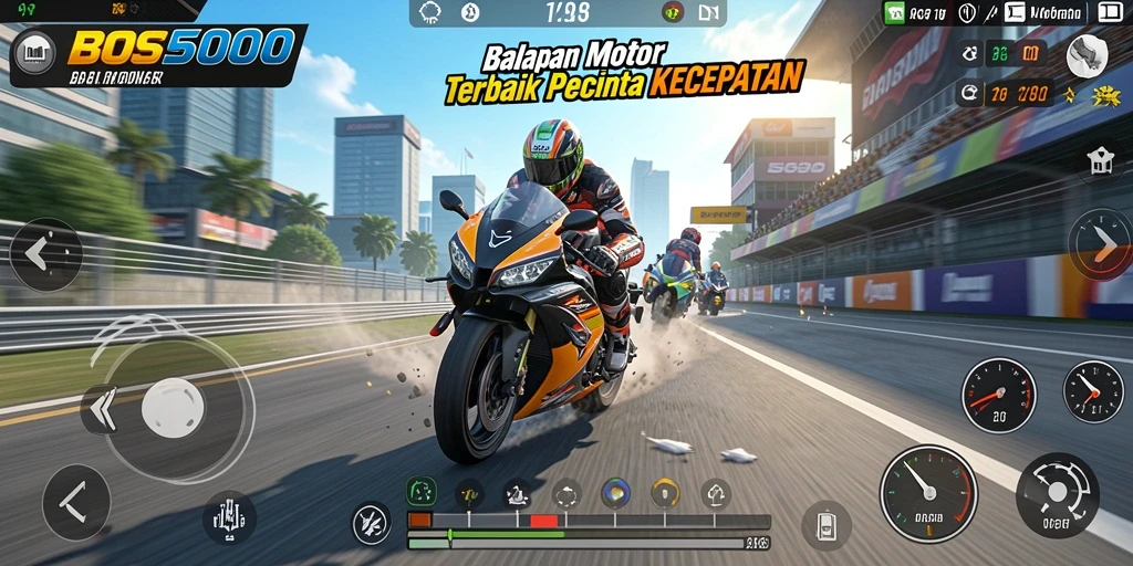 Gameplay BOS5000 yang seru dan mendebarkan saat balapan motor.