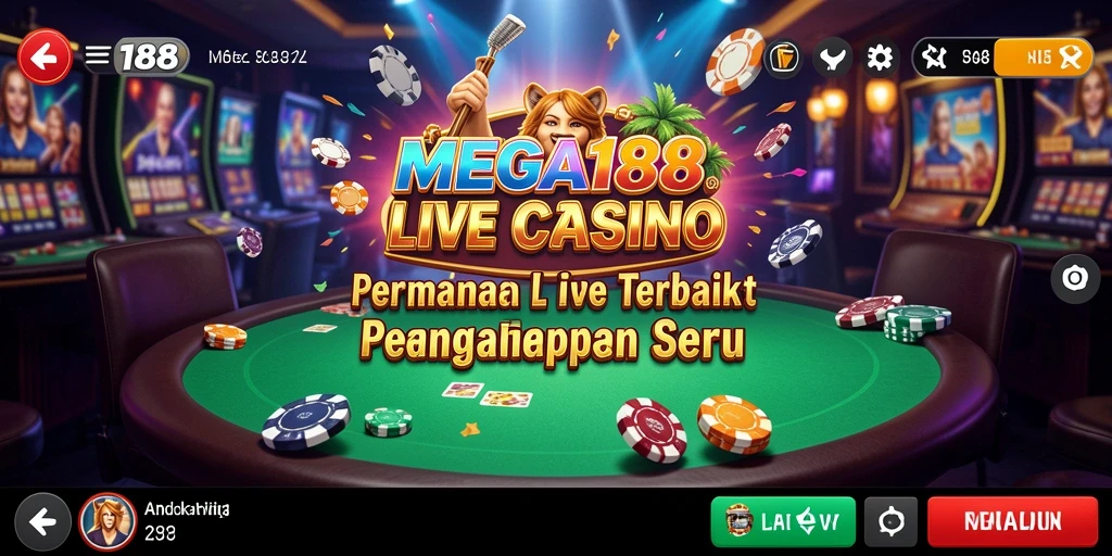 Screenshot gameplay MEGA188 menampilkan dealer live dan variasi permainan kasino.