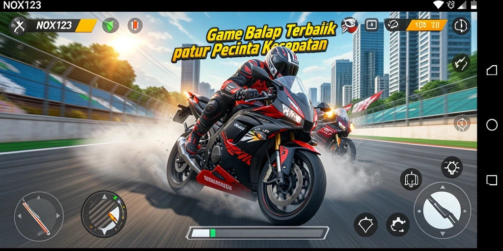 Tampilan gameplay menegangkan dengan motor balap yang melaju kencang di lintasan.